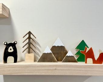 Woodland nursery decor, Wooden bear, Fox, Mountains, Wood trees,  Modern nursery, Baby shower gift, Wooden animals for nursery, Boy room