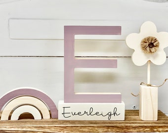 Wooden letter for Nursery, Personalized name sign, Wood flower, Rainbow, Modern decor, Baby shower gift, Name block