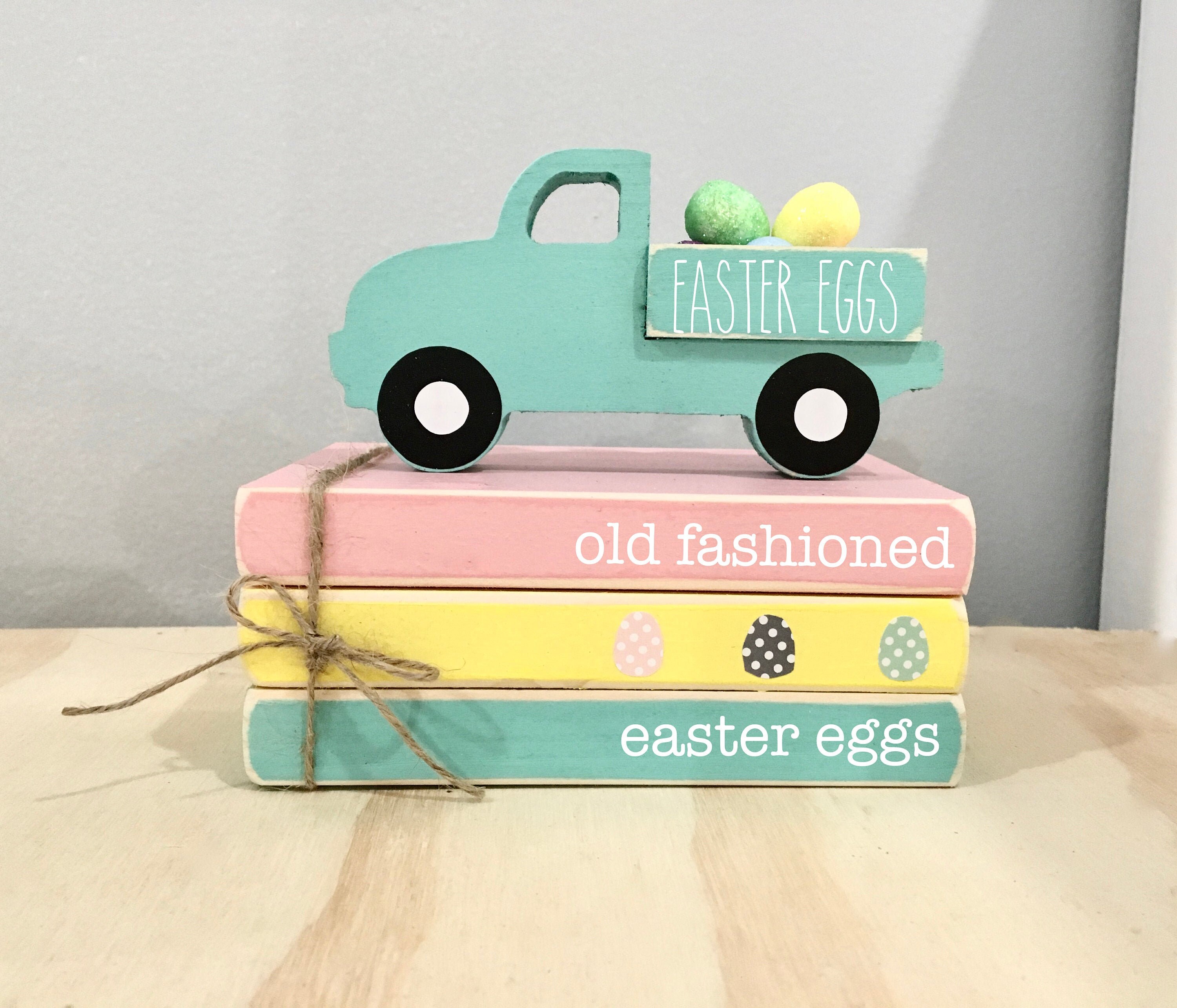 Easter tiered tray, Wooden books, Easter truck, mini book stack, East…