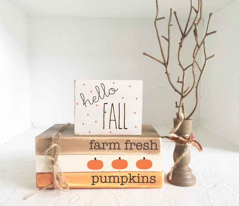 Fall decor, Wooden books, Mini book bundle, Book stack, Tiered tray sign, Fall tree, Faux books, Tiered tray decor, Farm fresh pumpkins image 1