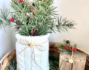 Christmas Sweater Vase: Tiered Tray Decor with Pine & Faux Wood Present