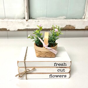 Wood book stack for spring decor for home fresh cut flowers tiered tray books mini flower basket gift for mom image 2