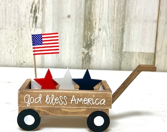 Fourth of July wagon for tiered tray decor, God bless America wooden wagon, 4th of July wood star