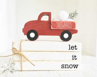 Tiered tray books, Snowball truck, Christmas decor, Wooden truck, Tiered tray decor, book bundle, red truck, Faux books, Farmhouse truck