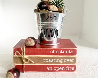 Faux book, Holiday tiered tray, Firewood bucket, Chestnuts, Tiered tray decor, Book stack, Christmas decor, Chestnuts roasting, Wooden books