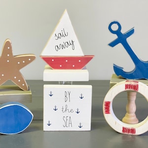 Nautical decor, Wood anchor, Sailboat, Wood starfish, Life ring, Fish, Wooden sign, Beach, Tiered tray, Lake house, Cottage, By the sea
