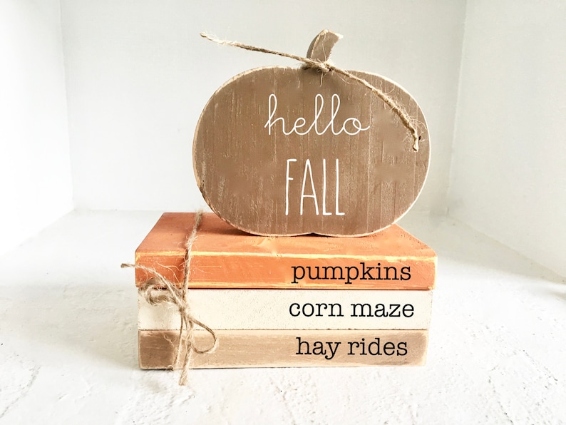 Wooden books, Fall decor, Wood books, Mini book bundle, Book stack, Tiered tray sign, Faux books, Tiered tray decor, Hello fall, Hay rides image 1