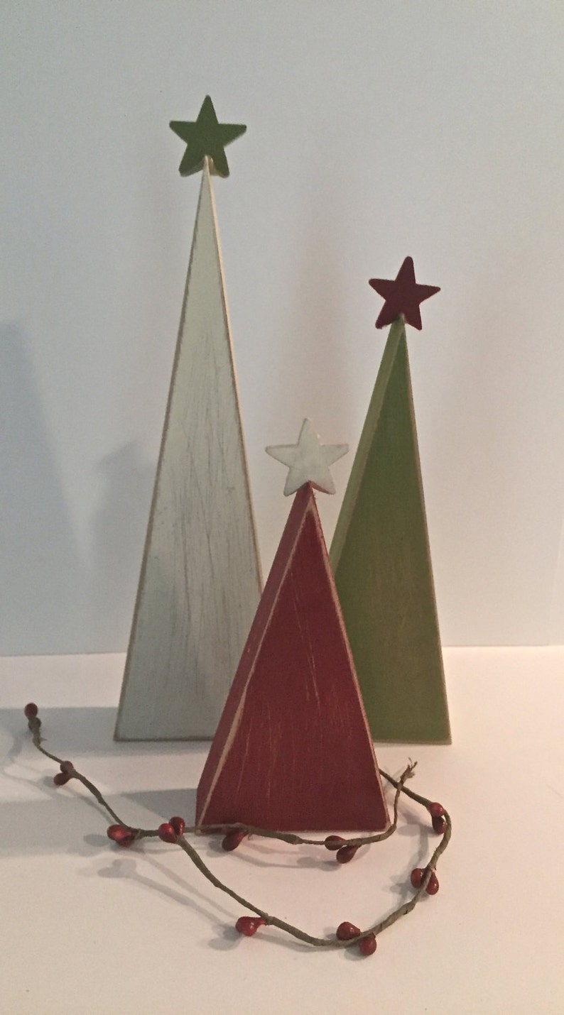 Wooden Christmas trees, Set of 3, Shelf sitters, Holiday tiered tray decor, modern teacher gift image 3