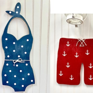 Retro wood bathing suits, Beach wall hangings, Front porch decor, Cottage wall art, Door hanger, Pool house, Lake, Unique wall decor