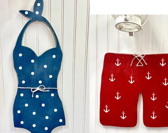 Retro Wood Bathing Suit Wall Decor: Rustic Cottage Pool House Art