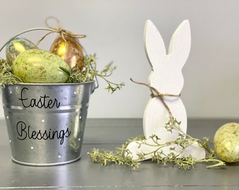 Easter decor, Wood bunny, Centerpiece, Mantle decor, Easter bucket with eggs, Farmhouse decor, Tiered tray decor,  Easter blessings