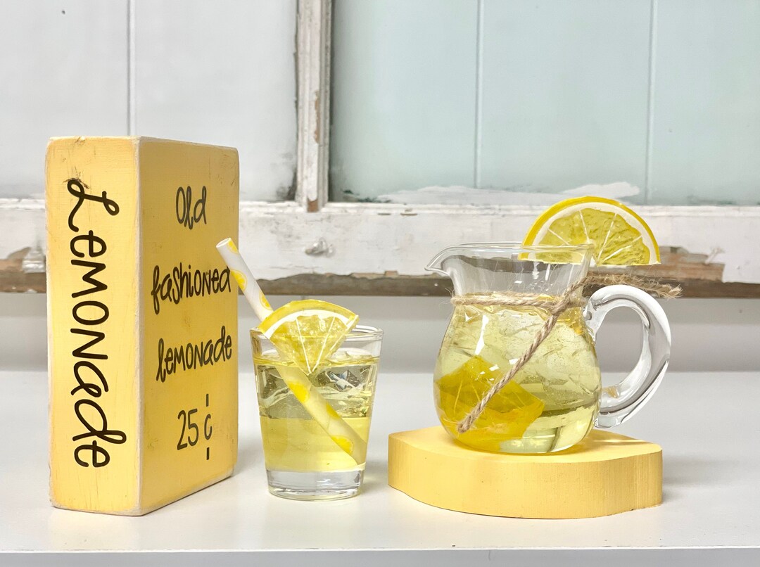 Lemonade Pitcher and Glass, Wooden Lemon, Mini Pitcher, Tiered Tray