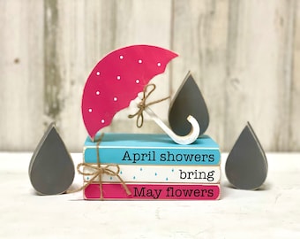 Spring tiered tray mini book stack, Wood umbrella and rain drops for home decor