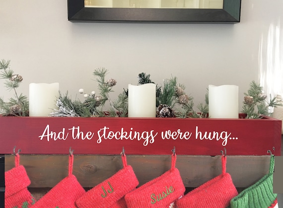 Red Stocking Holder, Mantle, Wooden Box, Christmas, Modern Farmhouse Decor,  Stocking Hanger, Pet Stocking Hook, and the Stockings Were Hung 