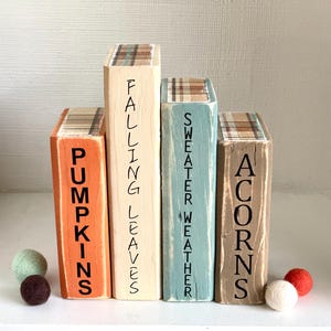 May include: Four wooden blocks with fall-themed words: "Pumpkins," "Falling Leaves," "Sweater Weather," and "Acorns." Each block is painted in a different color and has a plaid pattern on top. Small felt balls in various colors are in front of the blocks.
