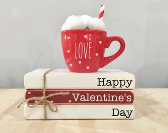 Valentine's Day Tiered Tray Decor: Mini Faux Book Stack & Love Mug