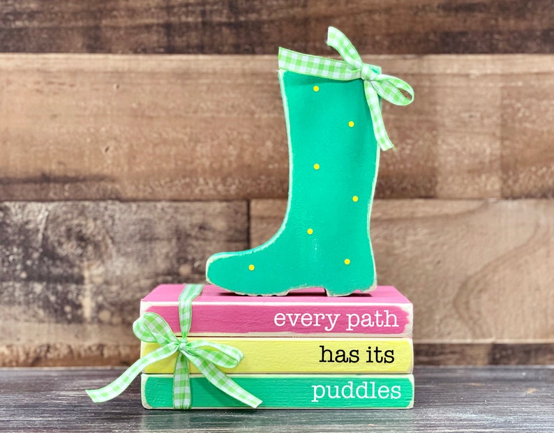 Wood Rain Boot Mini Book Stack Spring Decor Tiered Tray - Etsy