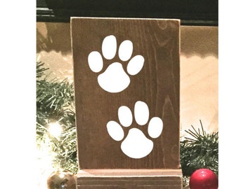 Stocking holder, reclaimed wood, pet stocking holder,  mantle stocking, rustic Christmas, white stockings, dog stocking holder, paw print