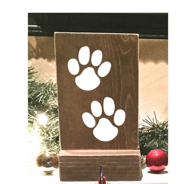 Stocking holder, reclaimed wood, pet stocking holder,  mantle stocking, rustic Christmas, white stockings, dog stocking holder, paw print