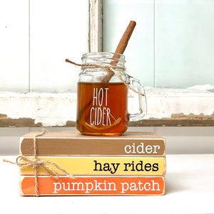 May include: Three wooden blocks stacked on top of each other. The top block is brown and says "cider". The middle block is yellow and says "hay rides". The bottom block is orange and says "pumpkin patch". A glass jar with a cinnamon stick and a brown liquid inside sits on top of the blocks. The jar has the words "HOT CIDER" written on it.