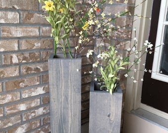 large wooden vases, reclaimed wood, floor vases, set of two, farmhouse decor, rustic porch vases, wooden flower pots