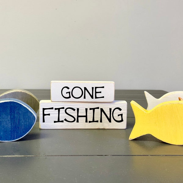 Gone fishing, Wooden fish, Nursery decor, Nautical tiered tray, Father's day gift, Cottage decor, Fishing sign