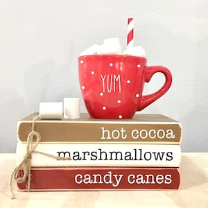Miniature Hot Cocoa Mug & Faux Book Stack: Farmhouse Christmas Tiered Tray Decor