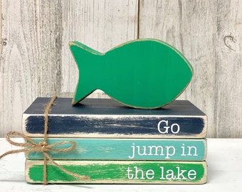 Go jump in the lake wooden book stack cottage decor and Lake house tiered tray, Rustic fish and bathing suit decor