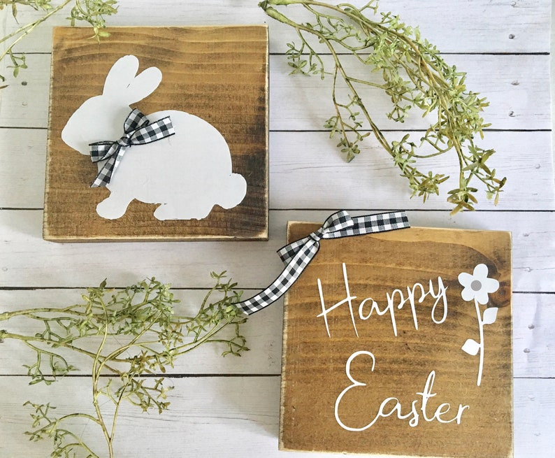 Easter signs, Tiered tray signs, Set of 2, Easter decor, wooden bunny, wood sign, Happy Easter, farmhouse decor, tiered tray decor image 1