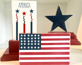 4th of July signs, American flag, Wooden signs, Tiered tray decor, Memorial day, firecrackers, Wooden star, Rustic, Tiered tray signs