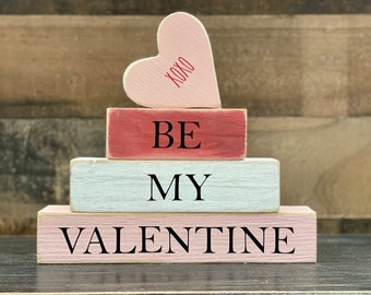 Valentines day decor, Tiered tray, Wooden blocks,  Be my Valentine, Wood conversation heart, Gift for her, Rustic