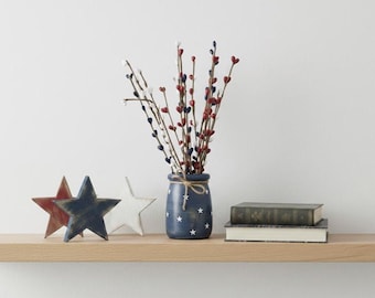 Patriotic Farmhouse Decor | Rustic Red White Blue Stars & Vase | 4th of July Centerpiece | Americana Home Decor