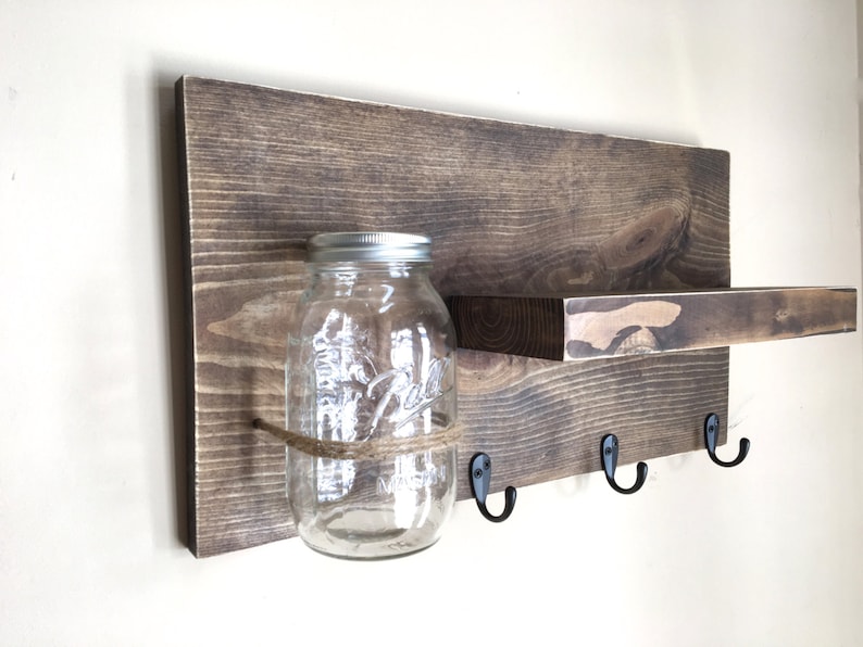 entryway shelf, key holder, wall vase, shelf with hooks, kitchen shelf, farmhouse shelf, rustic shelf, reclaimed wood, mason jar wall vase image 4