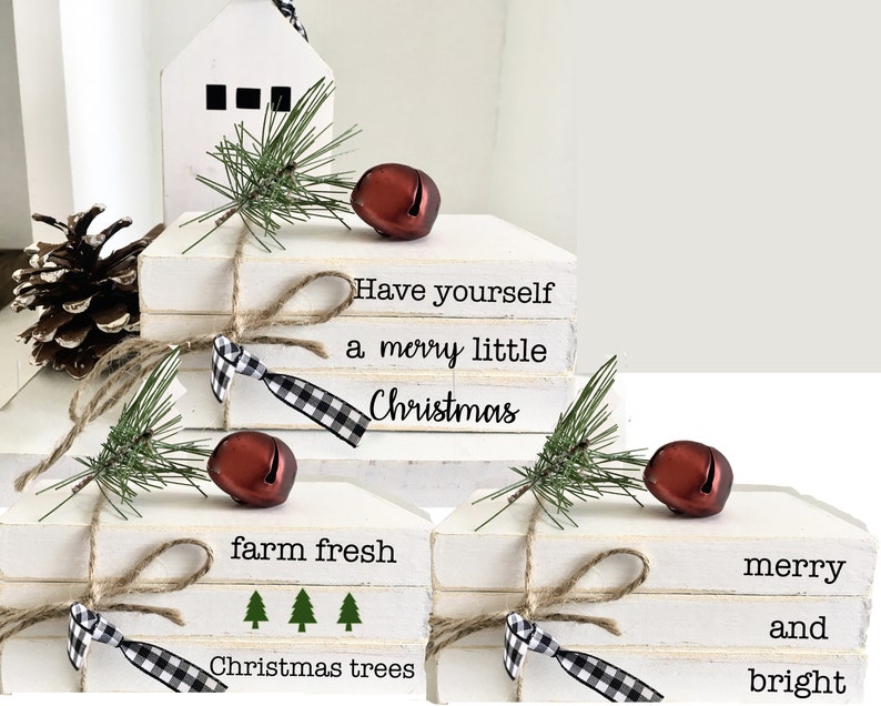 Christmas book bundle, mini book stack, Christmas decor, farmhouse, faux books, set of 3, rustic, teacher gift, housewarming, wooden books Bild 1