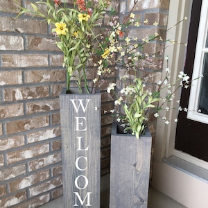 large wooden porch vases, welcome sign, reclaimed wood, rustic, floor vases, farmhouse decor, large floor vase, porch decor, set of 2 image 1