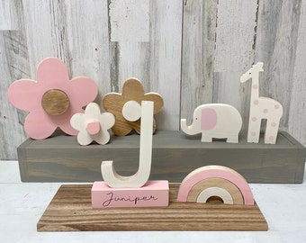 Personalized baby girl nursery decor bundle, Wooden letter, Wood flower, Rainbow, Giraffe, Elephant, Modern nursery, Baby shower gift