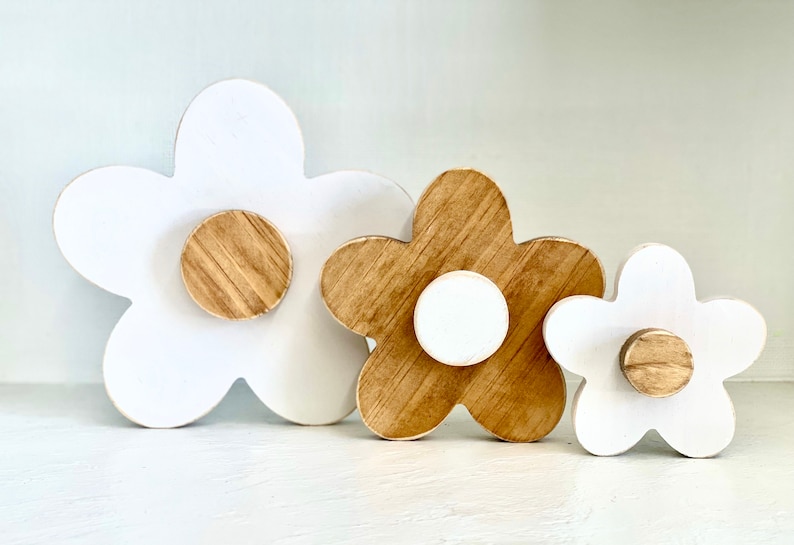 Wooden flowers, Daisies, Summer tiered tray, shelf sitters, minimalist mantle decoration, Porch decor, Girl nursery image 2