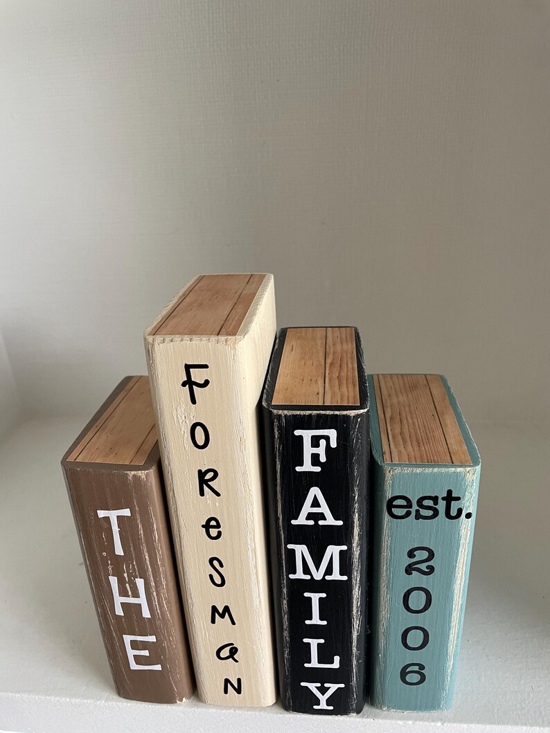 Personalized Family Name Book Stack Decor | Rustic Farmhouse Shelf ...