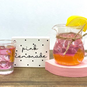 Pink lemonade pitcher and glass, Wooden lemon, Mini pitcher, Tiered tray, Faux glass of lemonade,  Summer, Lemon decor, Wooden sign