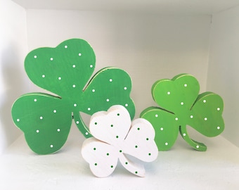 St. Patrick's day decor, wooden shamrocks, Tiered tray decor, St. Patty's day, polka dot shamrocks,  seasonal, wood, tiered tray decor