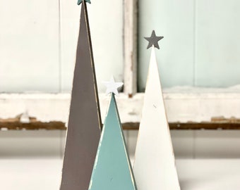 Wood Christmas trees, shelf sitters, Gray, Aqua, White, Holiday tiered tray, Winter decor