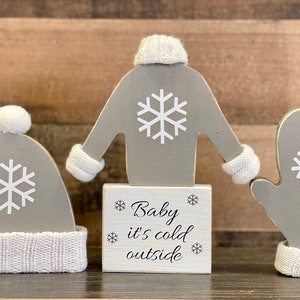 Winter decor, Tiered tray, Snowflake sweater, Wooden winter hat, Mitten, Wood snowflake, Baby it's cold outside sign