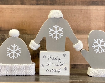 Winter decor, Tiered tray, Snowflake sweater, Wooden winter hat, Mitten, Wood snowflake, Baby it's cold outside sign