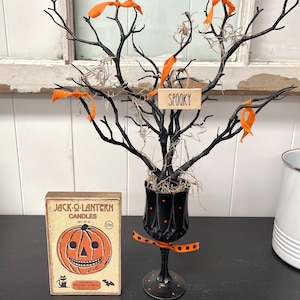 Halloween decor, Spooky tree and vintage inspired wood block, Tiered tray decor, Hostess gift
