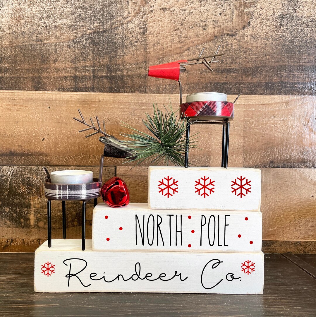 Reindeer Candle Holders, Wood Christmas Blocks, Holiday Tiered Tray