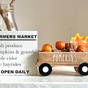 Fall tiered tray decor, Wood wagon with pumpkins, Farmers market sign