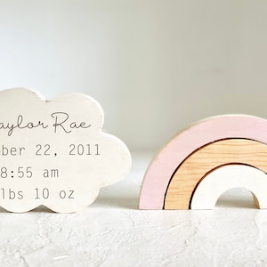 Wooden rainbow baby announcement, Wood cloud, Personalized birth stats, Girl nursery, Baby shower gift,  Baby keepsake