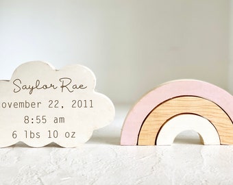 Wooden rainbow baby announcement, Wood cloud, Personalized birth stats, Girl nursery, Baby shower gift,  Baby keepsake