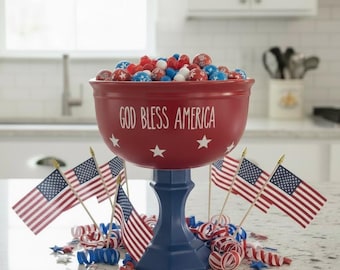 4th of July candy bowl/ Patriotic “God Bless America” Candy Bowl | Red White Blue Pedestal Bowl | 4th of July Decor