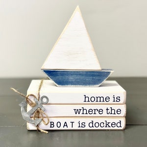 Nautical book stack, Wood sailboat, Handmade,  Nautical decor, Lake house, Cottage, Tiered tray decor